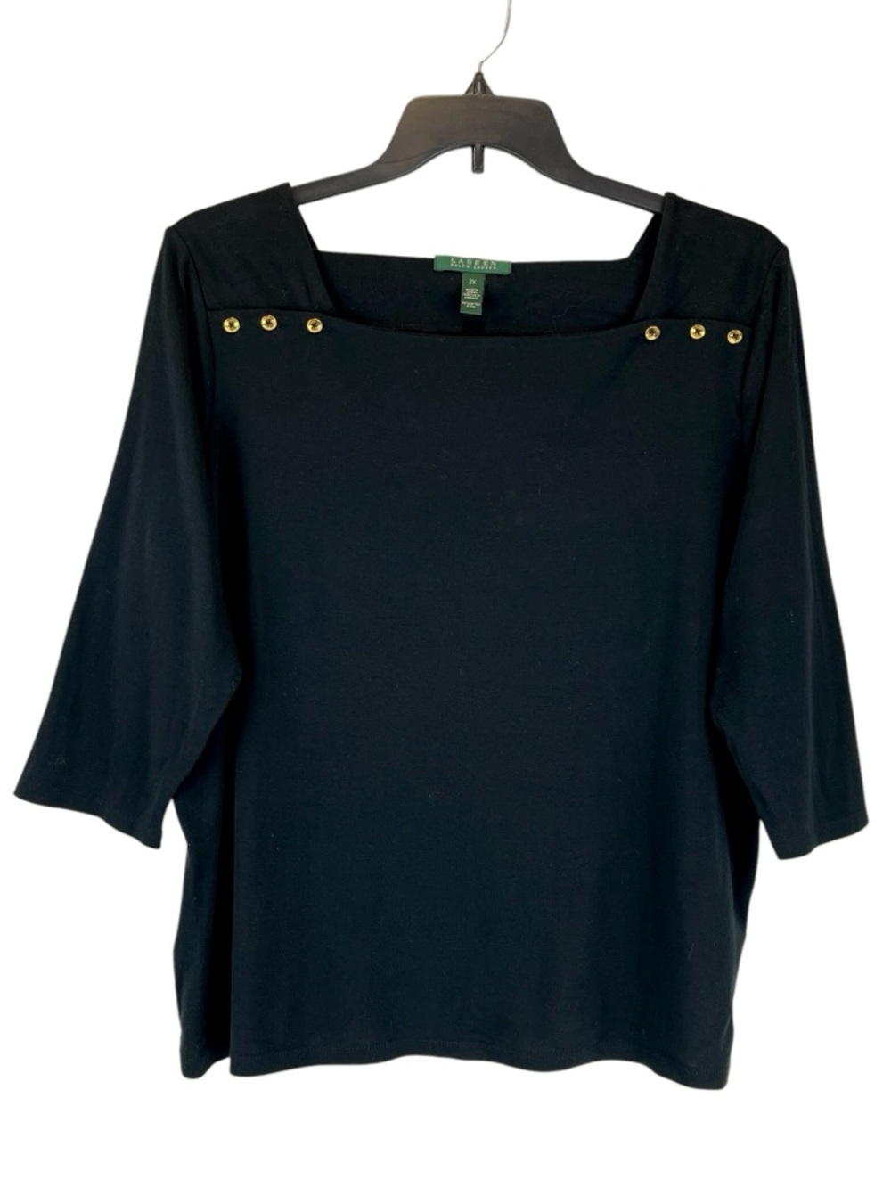 Lauren Ralph Lauren Square Neck Top Black with Gold Buttons Plus Size 2X